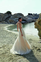 Champagne Beach Wedding Dress Tulle With Lace Sleeveless Chapel Train
