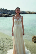 Champagne Beach Wedding Dress Tulle With Lace Sleeveless Chapel Train