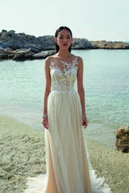 Champagne Beach Wedding Dress Tulle With Lace Sleeveless Chapel Train