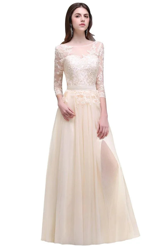 Champagne Scoop A-line Lace Appliques Prom Dress