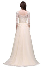 Champagne Scoop A-line Lace Appliques Prom Dress
