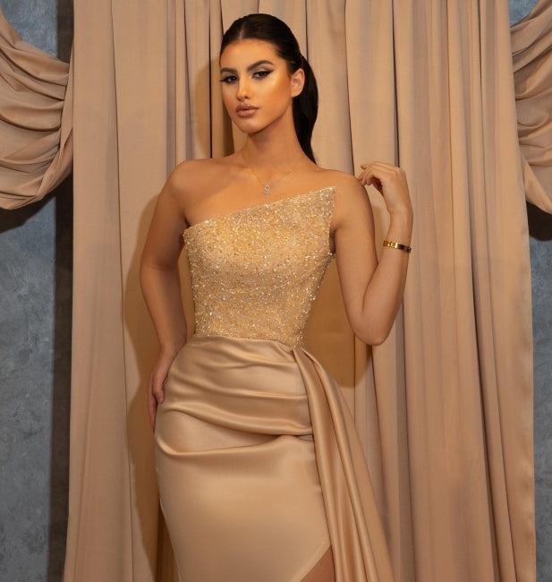 Champagne Sexy Long Sleeveless Glitter Mermaid Prom Dresses