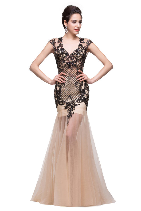 Champagne V-Neck Mermaid Floor-length Prom Dresses