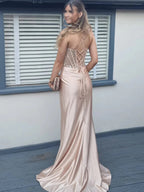 Mermaid Pink Off Shoulder Sheer Corset Rhinestone Long Prom Dress with Slit