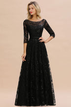 Charming Black Half Sleeves Tulle Sequins Evening Dress 20s Aline Prom Dress