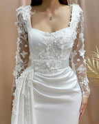 Charming Column Off-the-shoulder Long Sleeve Appliques Satin Lace Wedding Dresses