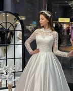 Charming Floor Length Crew Long Sleeves A-Line Satin Wedding Dress with Ruffles