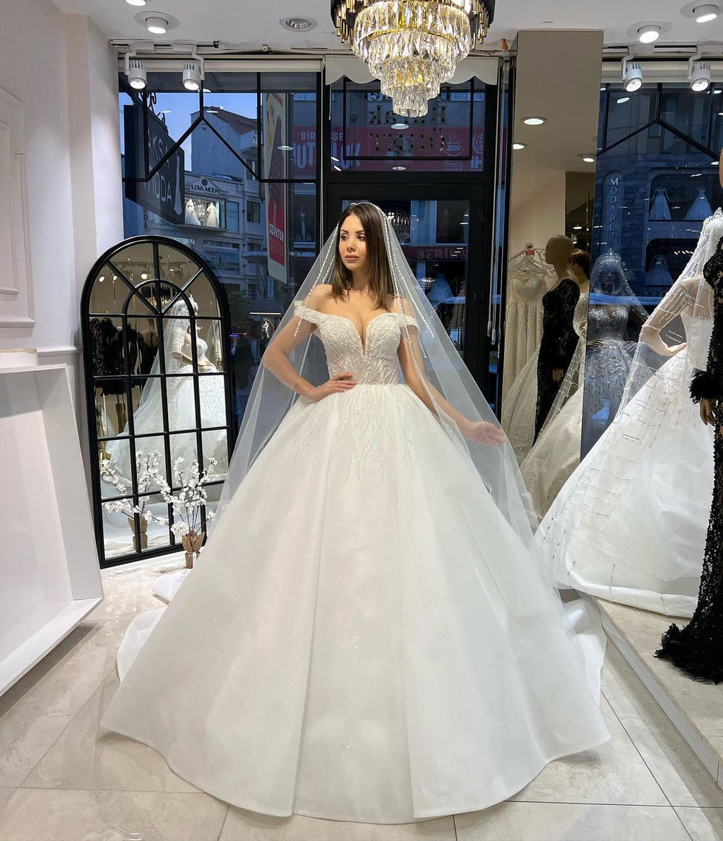 Charming Floor Length Sweetheart Off-The-Shoulder A-Line Lace Wedding Dress with Sequins