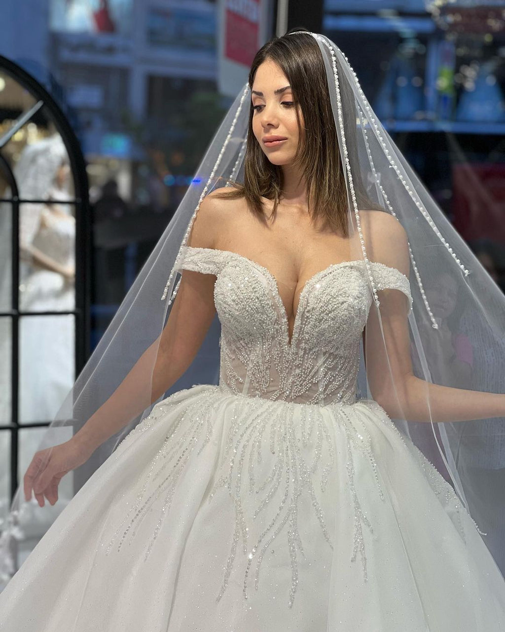 Charming Floor Length Sweetheart Off-The-Shoulder A-Line Lace Wedding Dress with Sequins