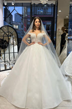 Charming Floor Length Sweetheart Off-The-Shoulder A-Line Lace Wedding Dress with Sequins