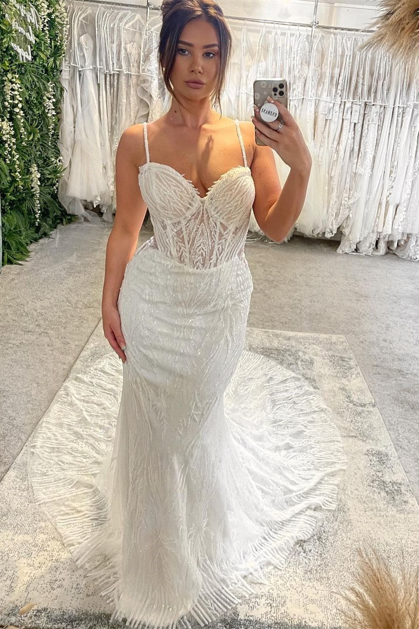 Charming Floor Length Sweetheart Sleeveless Spaghetti Straps Mermaid Wedding Dress with Chapel Train