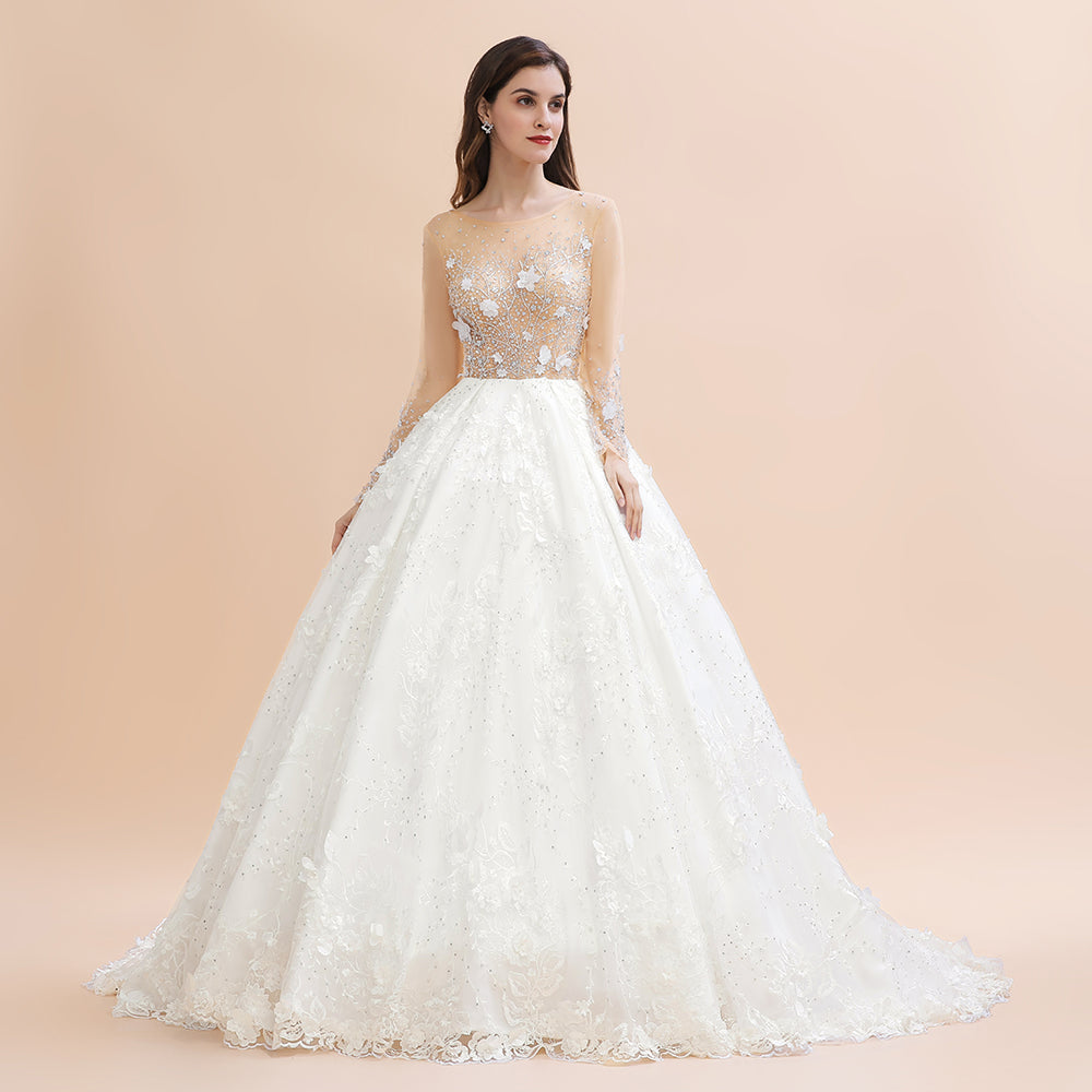 Charming Floral Lace Appliques Wedding Dress Gorgeous White Beads Bridal Gown