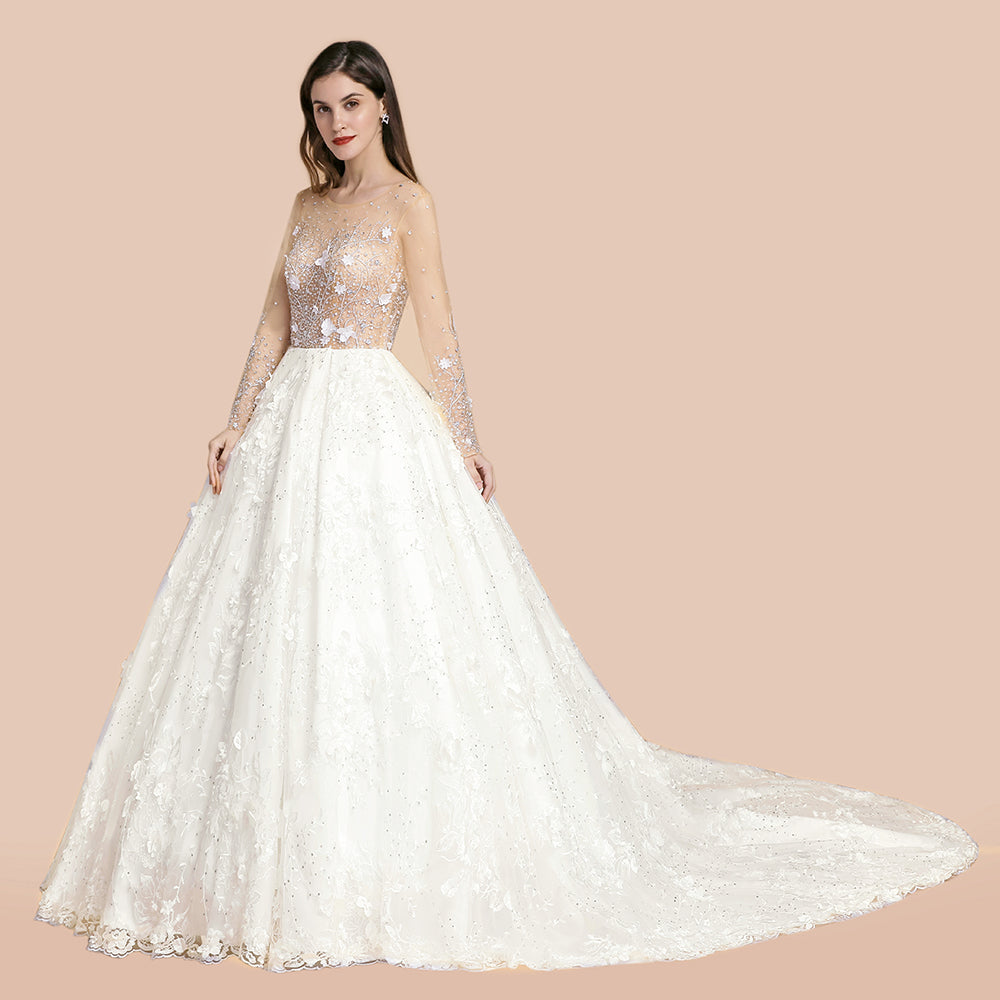 Charming Floral Lace Appliques Wedding Dress Gorgeous White Beads Bridal Gown