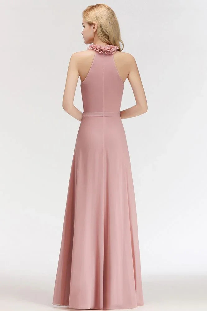 Charming Halter Sleeveless Ruffled Chiffon Bridesmaid Dresses Aline Evening Maxi Gown