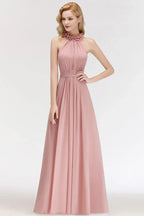 Charming Halter Sleeveless Ruffled Chiffon Bridesmaid Dresses Aline Evening Maxi Gown