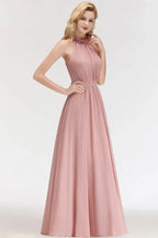 Charming Halter Sleeveless Ruffled Chiffon Bridesmaid Dresses Aline Evening Maxi Gown