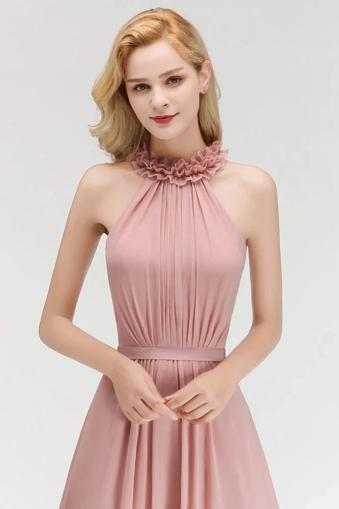 Charming Halter Sleeveless Ruffled Chiffon Bridesmaid Dresses Aline Evening Maxi Gown