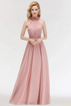 Charming Halter Sleeveless Ruffled Chiffon Bridesmaid Dresses Aline Evening Maxi Gown