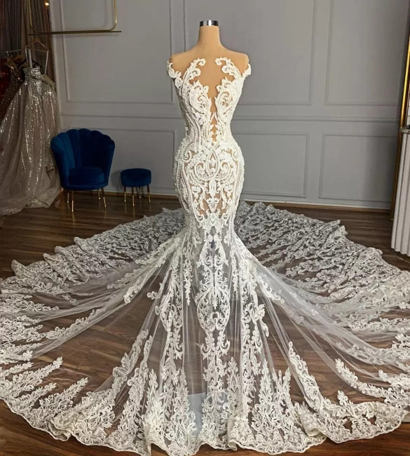 Charming Jewel Garden Sleeveless Mermaid Tulle Wedding Dress with Appliques