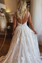 Elegant Long A Line Lace Wedding Dress With V Neck Backless Sleeveless Pockets