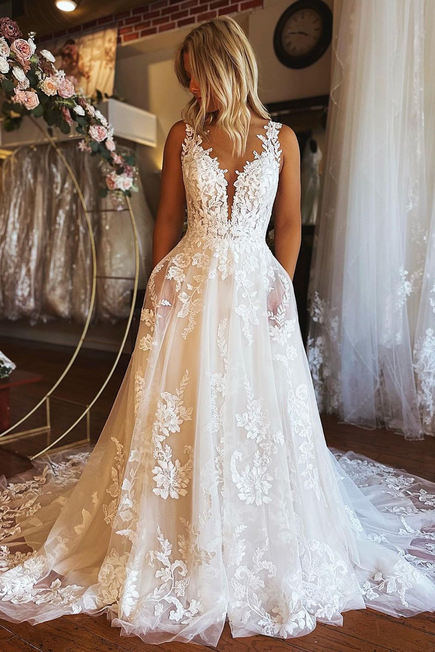 Elegant Long A Line Lace Wedding Dress With V Neck Backless Sleeveless Pockets