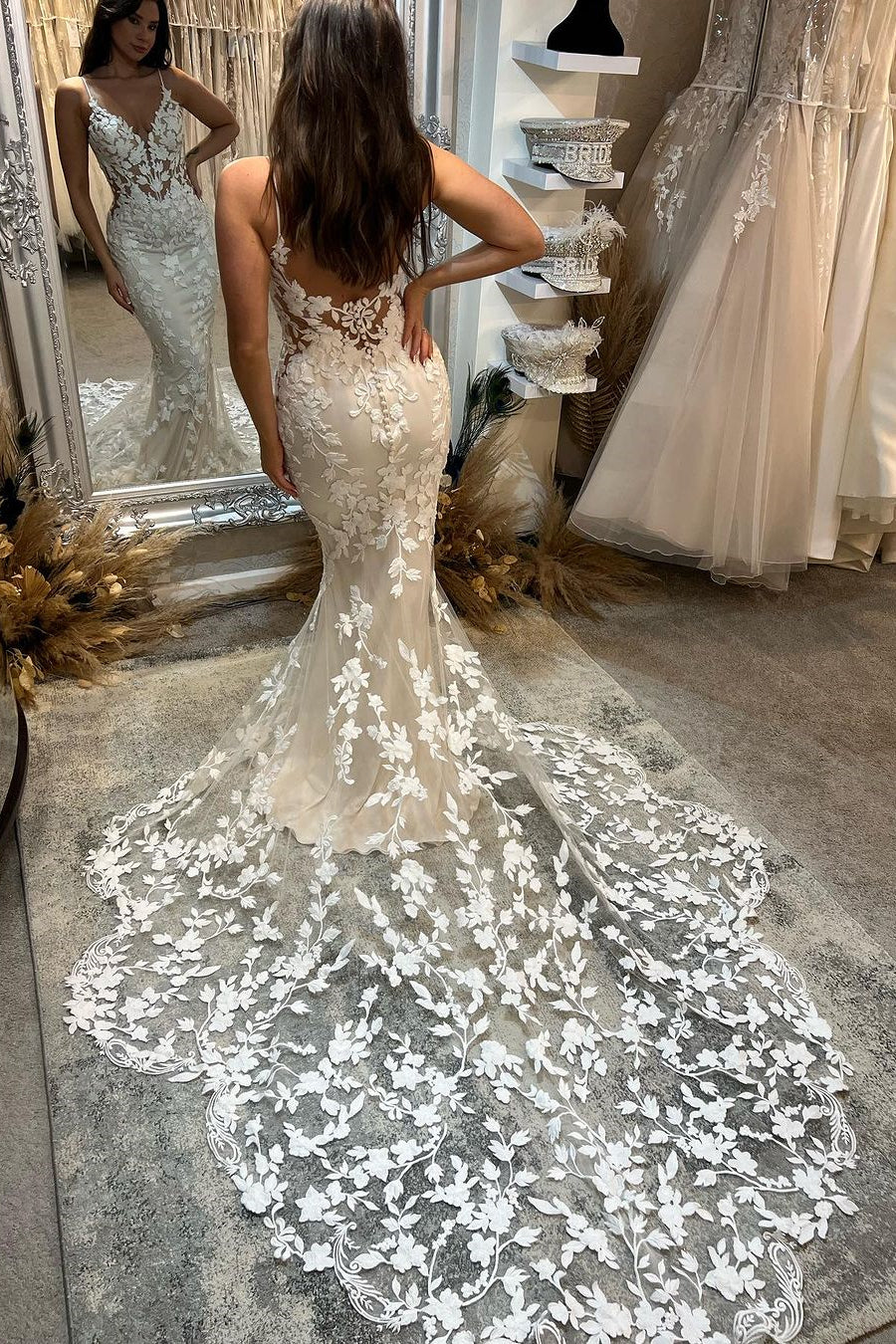 Charming Long Mermaid Spaghetti Strap Appliqué V Neck Wedding Dress With Train