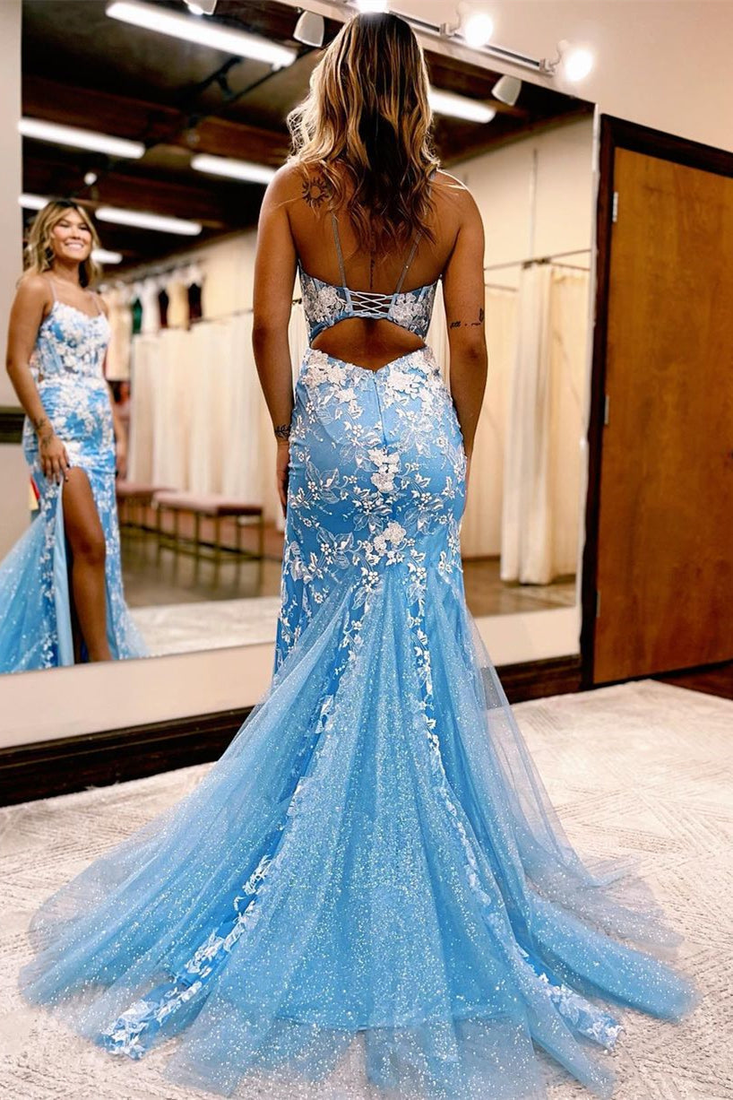 Charming Long Mermaid Spaghetti Straps Lace Sleeveless Prom Dress With Slit
