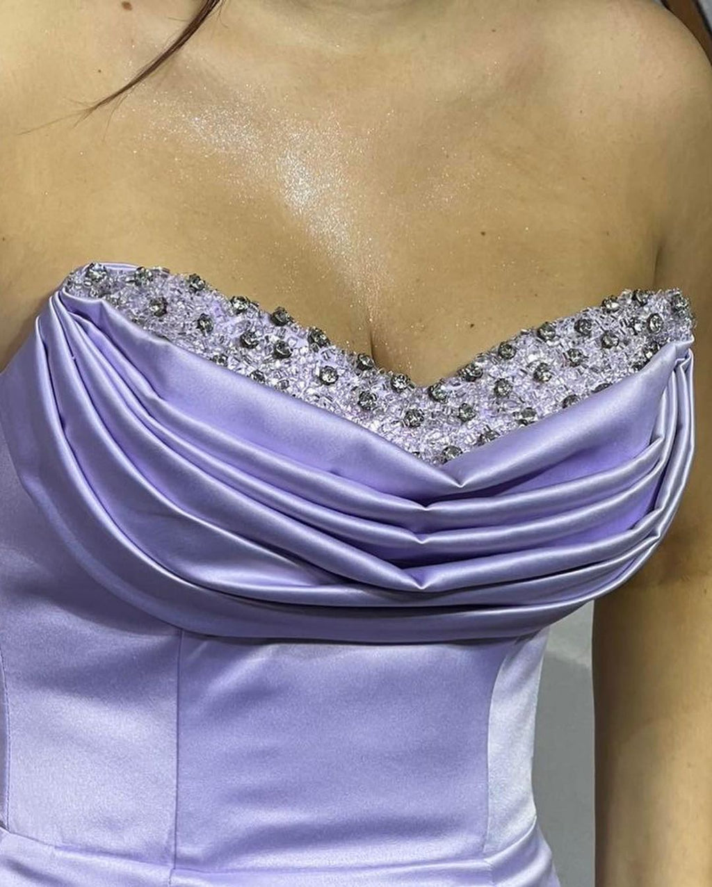 Charming Long Satin Sleeveless Strapless Mermaid Prom Dress With Rhinestone
