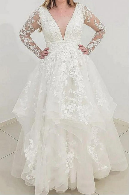 Charming Long Sleeves V-Neck Garden Lace A-Line Wedding Dress