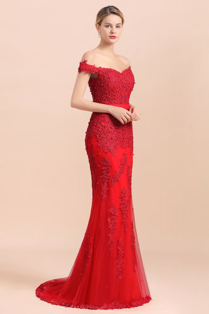 Charming Off-the-Shoulder Lace Appliques Red Mermaid Bridemaid Dres Slim Evening Gown