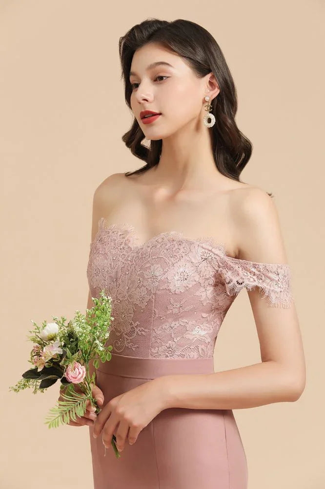 Charming Off the Shoulder Lace Mermaid Party Gown Slim Bridesmaid Dress