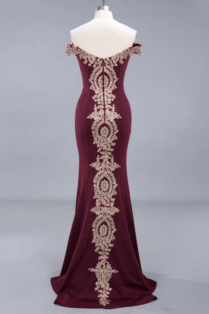 Charming Off-The-Shoulder Mermaid Gold Appliques Prom Dress Slim Floor-Length Evening Gown