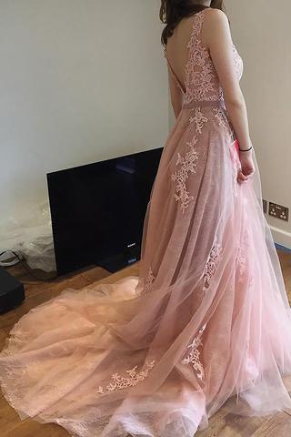 Charming Pink Lace Tulle Open Back Little Train Wedding Dresses