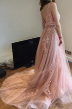 Charming Pink Lace Tulle Open Back Little Train Wedding Dresses