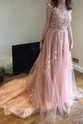 Charming Pink Lace Tulle Open Back Little Train Wedding Dresses