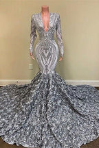 Charming Silver V-neck Long Sleeve Flowers Floor-length Mermaid Prom Dresses