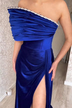 Charming Strapless Royal Blue Split From A-line Satin Prom Dress