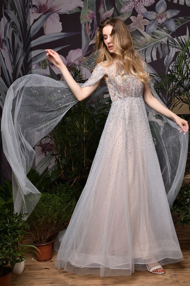 Charming Tulle Floor Length Evening Party Dress Sparkly Beads Prom Dress with Back Cape