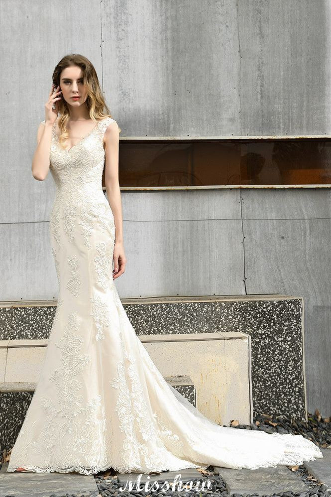 Charming V-Neck Floral Lace Mermaid Bridal Gown Sleeveless Sain Dress For Bride