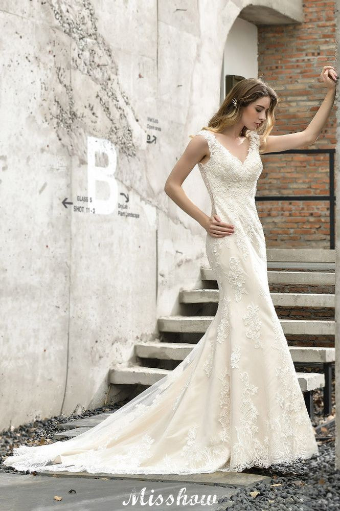 Charming V-Neck Floral Lace Mermaid Bridal Gown Sleeveless Sain Dress For Bride