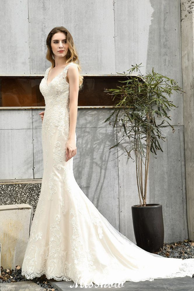 Charming V-Neck Floral Lace Mermaid Bridal Gown Sleeveless Sain Dress For Bride
