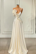 Charming White Asymmetrical Satin Prom Dress with Ruffles