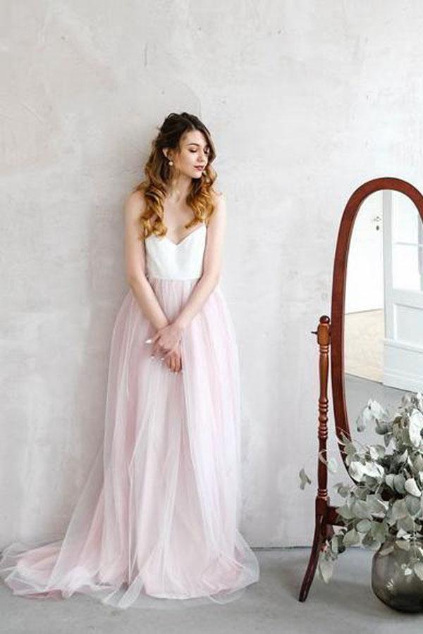 Hellrosa Brautkleider Spaghettiträger Tüll Strand Brautkleid