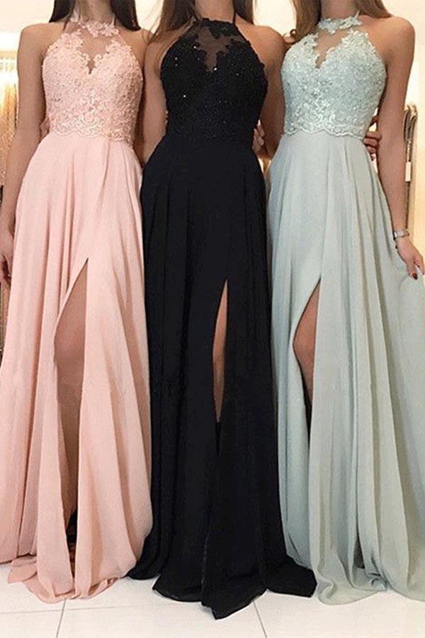 Vestidos Compridos para Damas de Honra com Topo em Renda Vestido Formal em Chiffon com Fenda BD066
