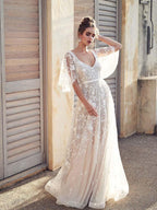 V Neck Lace Boho Wedding Dress With Half Sleeves For Brides