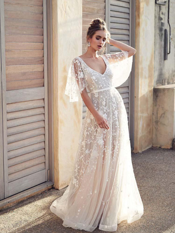 V Neck Lace Boho Wedding Dress With Half Sleeves For Brides