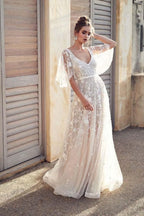 V Neck Lace Boho Wedding Dress With Half Sleeves For Brides