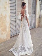 V Neck Lace Boho Wedding Dress With Half Sleeves For Brides