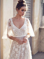 V Neck Lace Boho Wedding Dress With Half Sleeves For Brides