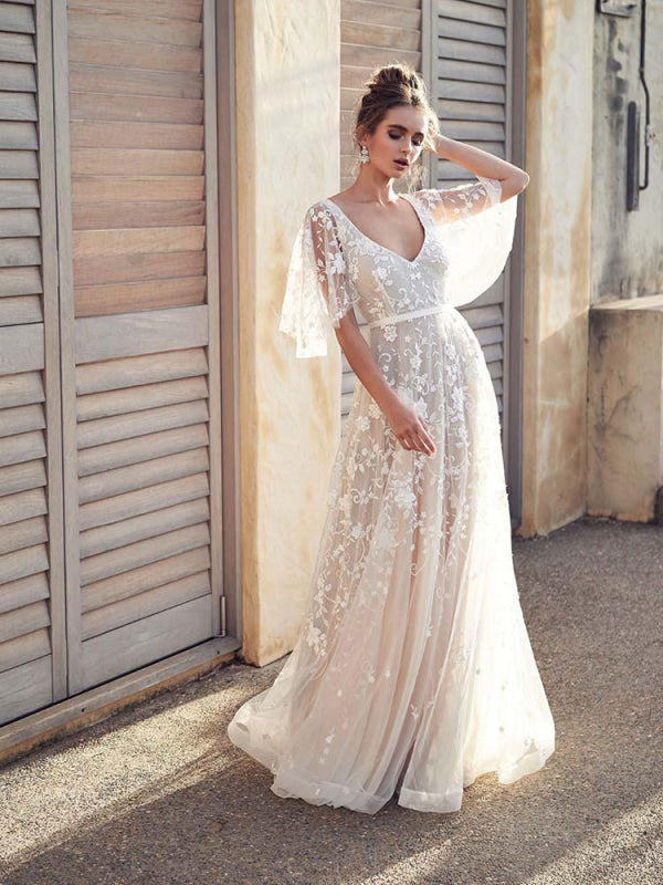 V Neck Lace Boho Wedding Dress With Half Sleeves For Brides